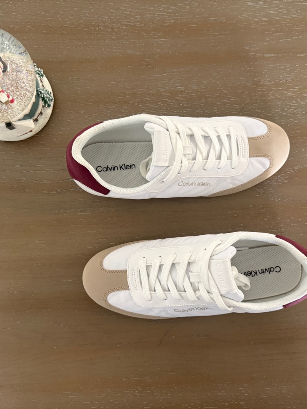 Calvin Klein Women's White Beige Sneakers with Burgundy Heel Accent